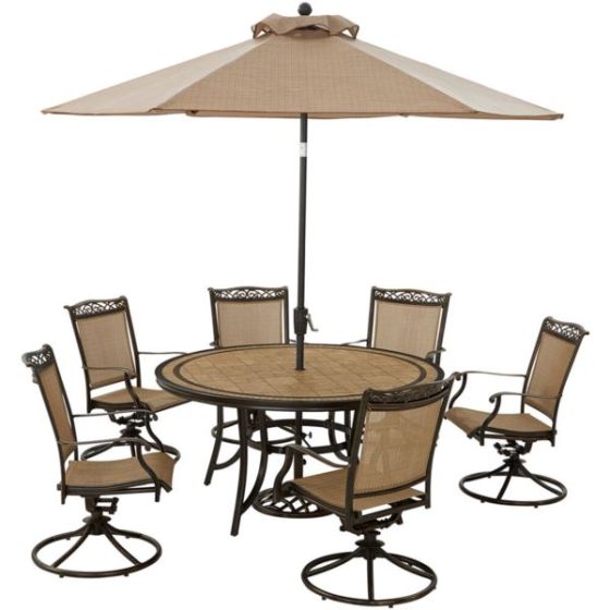 Fontana 7-Piece Outdoor Dining Set with 6 Sling Swivel Rockers, 60-in. Tile-Top Table, and 9-ft. Umb
