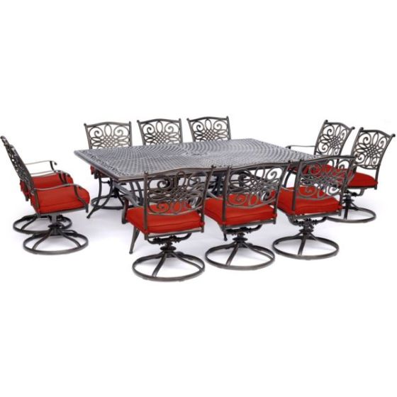 Traditions 11-Piece Dining Set in Red with Ten Swivel Rockers and an Extra-Long Dining Table