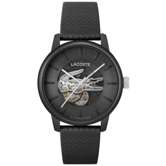 Men's 12.12 Automatique Black Leather Strap Watch Black Croc Dial