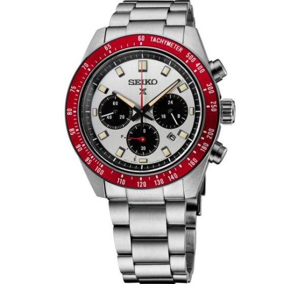 Seiko Prospex Speedtimer SS Solar Chronograph White Dial, Red Bezel, SS bracelet