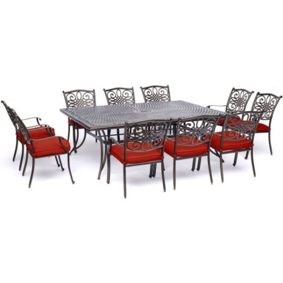 Traditions 11-Piece Dining Set in Red with Ten Stationary Dining Chairs and an Extra-Long Dining Tab