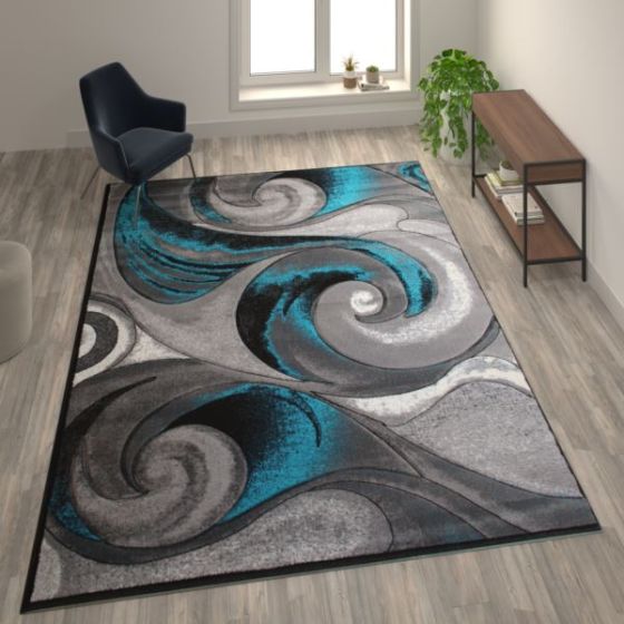 Modern Ocean Wave Design Turquoise 8' x 10' Olefin Indoor Area Rug