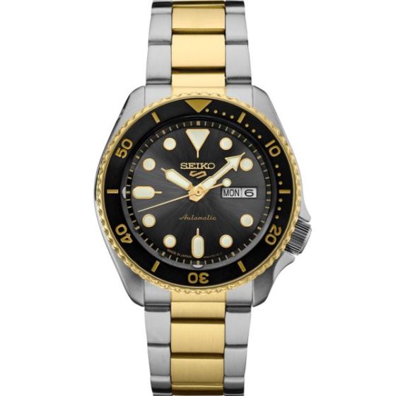 Seiko 5 Sports SGP Automatic Gray Dial, Gold/Silver bracelet, Black bezel Gold accents