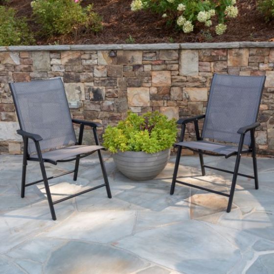 Portable Black Outdoor Folding Patio Sling Chair with Black Frame - Set of 2