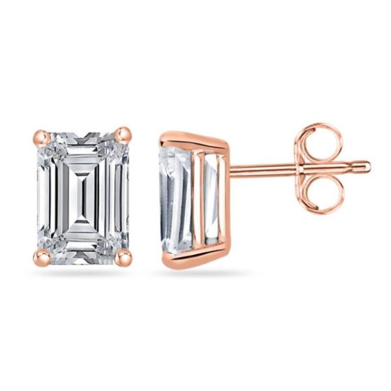 Bright White Pinnacle Emerald Lab Grown Diamond Stud in 14K Rose Gold 1.00ct,Color-GH,Clarity-VVS