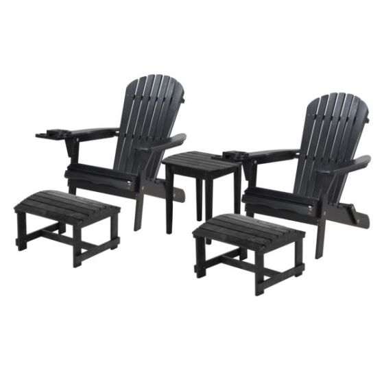 Blizzard - 2 Foldable Adirondack Chairs w/Cup Holders, 2 Ottoman & End Table - Black