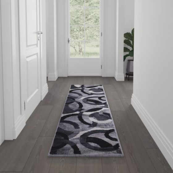 Modern Geometric Design Area Rug in Blue, Gray, and White - 2' x 7'