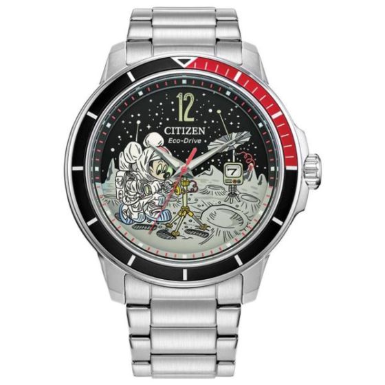 Men's Mickey Astronaut Eco-Drive Silver-Tone Stainless Steel Watch Black Dial