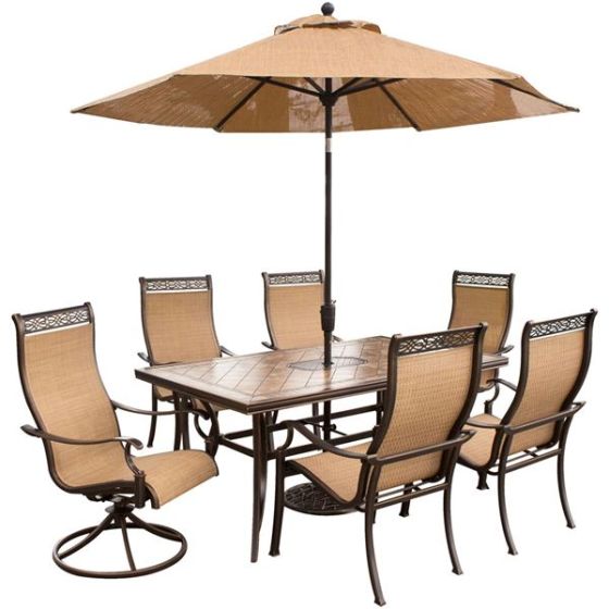 Monaco 7 Pc. Dining Set with Umbrella- Two Swivel Chairs, Four Dining Chairs, and a 40 x 68 in. Tabl