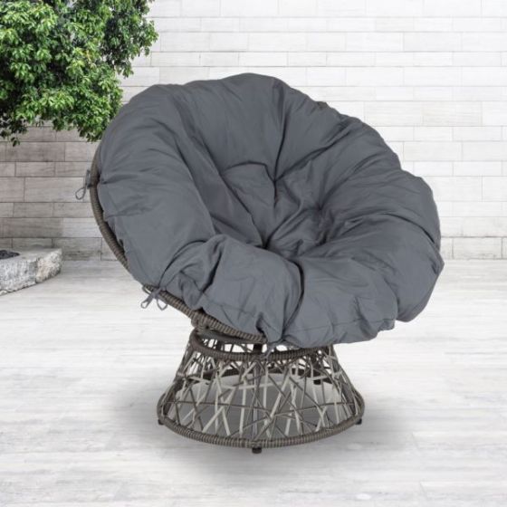 Brown Swivel Patio Papasan Lounge Chair with Beige Cushion - Accent Chair