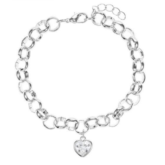 Bold Rolo Chain Bracelet with Heart Shape Cubic Zirconia - Silvertone