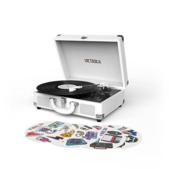 Victrola Bluetooth Suitcase Turntable Canvas with Custom Stickers and Stencils (White)