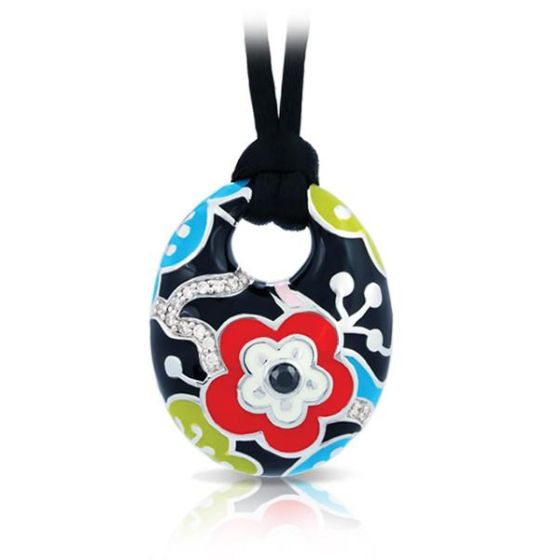 Belle Etoile Round Cubic Zirconia studded Black Background Cherry Blossom Pendant - 925 SS.