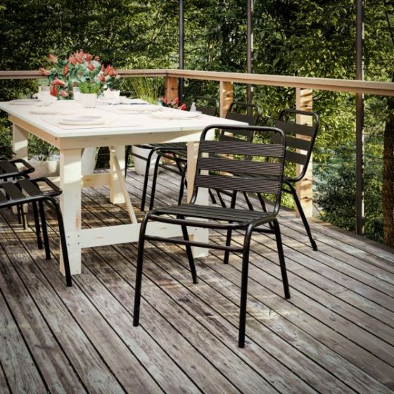 Commercial Black Indoor-Outdoor Restaurant Stack Chair with Triple Slat Back