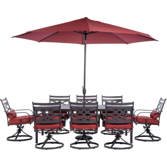 Montclair 9-Piece Dining Set in Chili Red with 8 Swivel Rockers, 42-In. x 84-In. Table, 11 Ft. Umbre
