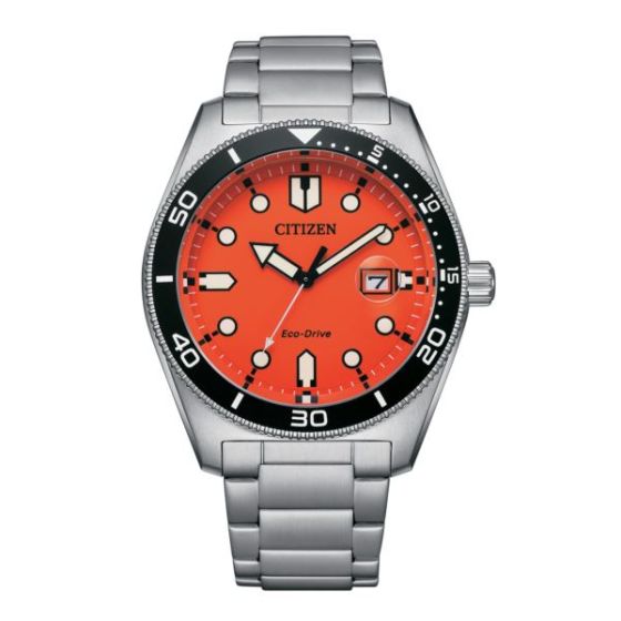 Men's Weekender Eco-Drive Silver-Tone Stainless Steel Watch Orange Dial