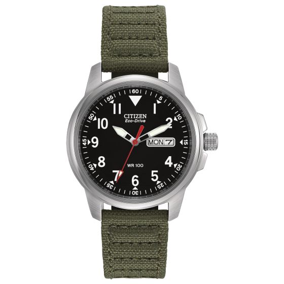 Men's Eco-Drive Military Watch, Black Dial with Buckle Clasp Green Strap