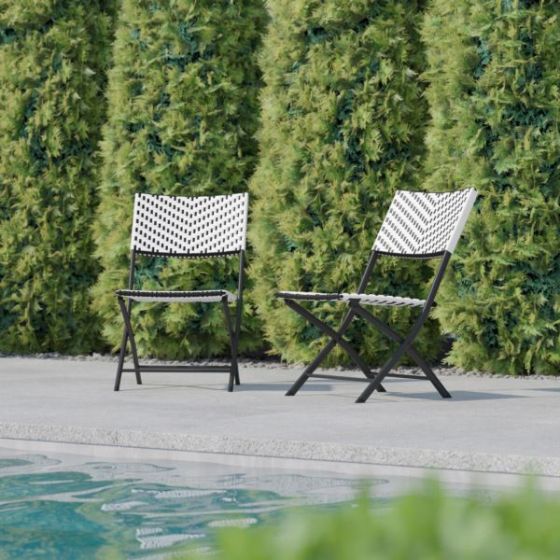 2PC Black and White Indoor/Outdoor PE Rattan Folding French Bistro Chairs