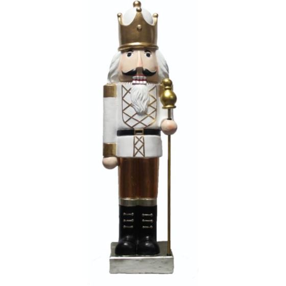 48-In. Nutcracker Holding Staff Figurine, Festive Indoor Christmas Holiday Decorations, White/Gold