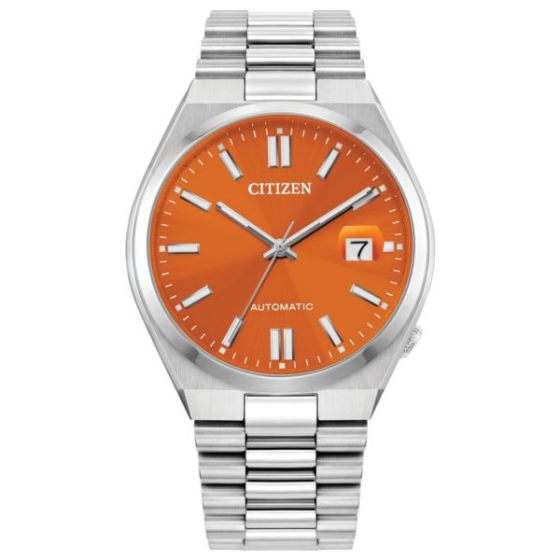 Men's Tsuyosa Automatic Silver-Tone Stainless Steel Watch Orange Dial