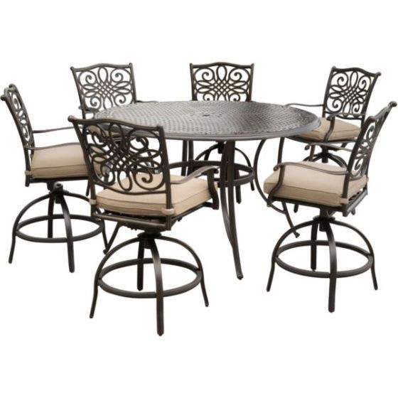 Traditions 7-Piece High-Dining Set in Tan with 6 Swivel Chairs and a 60 In. Cast-Top Table