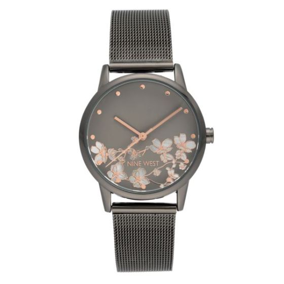 Women's Gunmetal Floral Dial Mesh Bracelet Watch