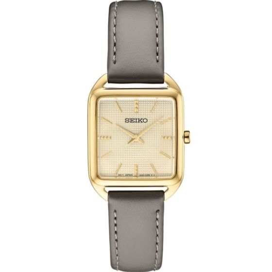 Seiko Essentials Ladies Strap SGP Analog Cream Square Dial, Gold bezel and accents, Olive strap