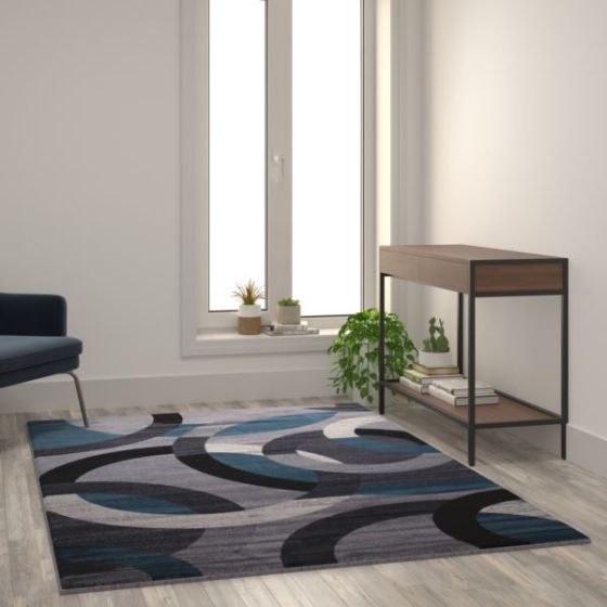 Modern Geometric Design Area Rug in Blue, Gray, and White - 5' x 7'