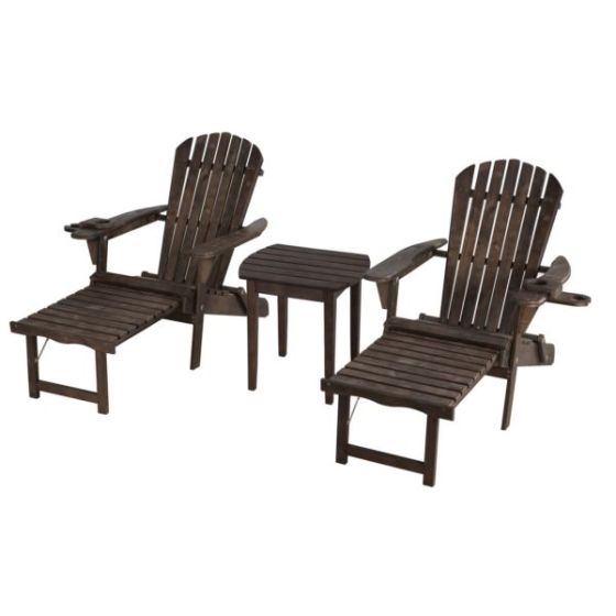 Oceanic Adirondack Chaise Lounge w/Ottoman & Beverage Holder, Set of 2 & End Table - Dark Brown