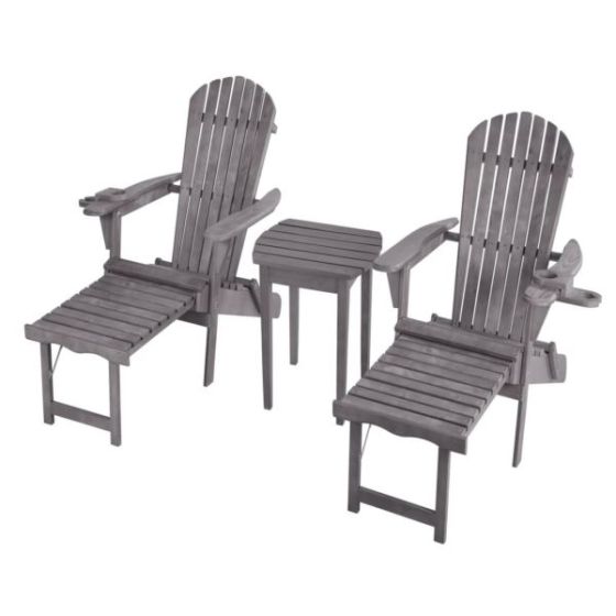 Oceanic Adirondack Chaise Lounge w/Ottoman & Beverage Holder, Set of 2 & End Table - Dark Gray