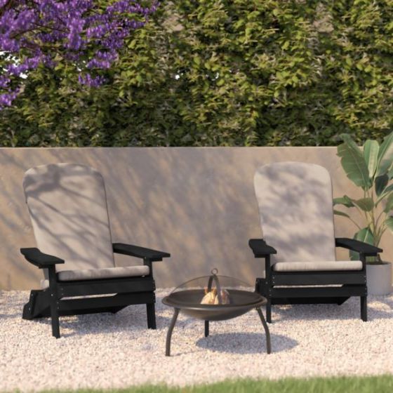 Indoor/Outdoor Black Folding Adirondack Chairs with Cream Cushions - Set of 2