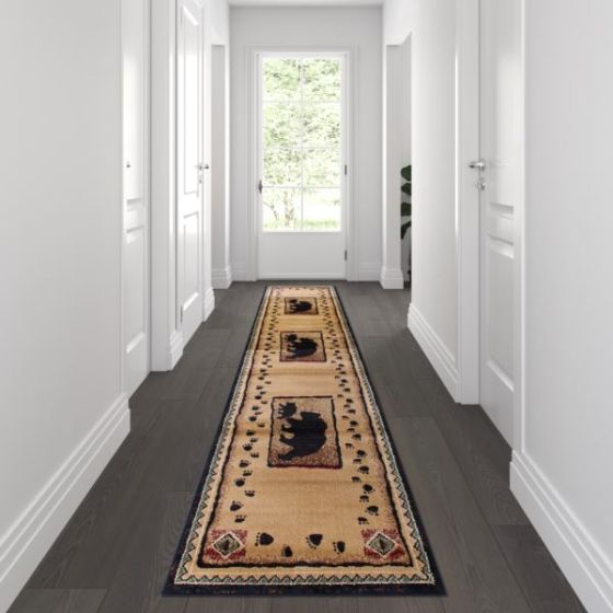 Rustic Lodge Style Wandering Bear and Cub Area Rug in Brown - 2' x 10'