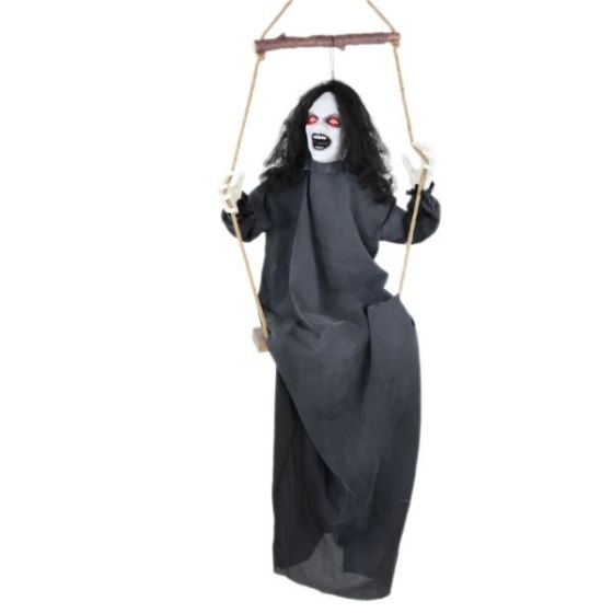 Animatronic Demon Woman on Swing with Lights and Sound, Indoor/Covered Outdoor Halloween Decoration