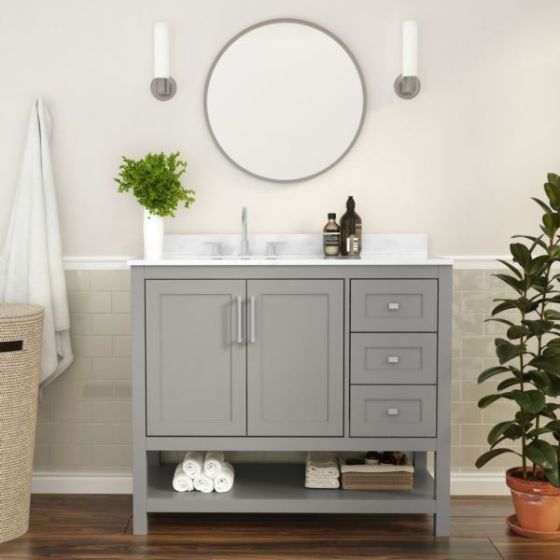 42 Inch Bathroom Vanity with Sink, Open Storage, and Storage Drawers in Gray