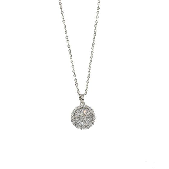 Sun Burst design CZ Silver Necklace