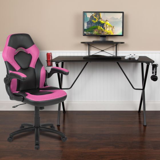 Black/Pink Gaming Desk Set with Cup Holder, Headphone Hook, and Monitor Stand