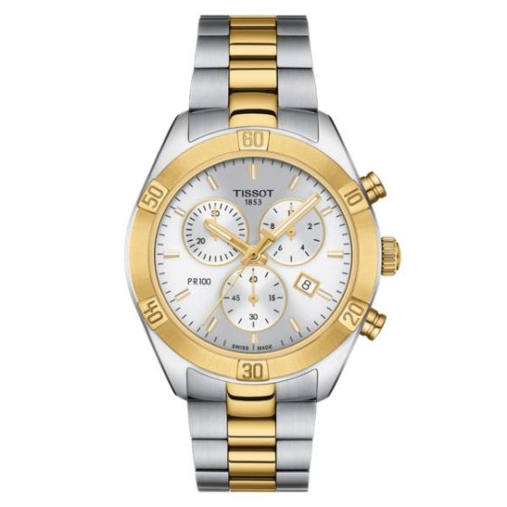 Ladies PR 100 Sport Chic Chronograph 2-Tone Stainless Steel Watch Silver Dial
