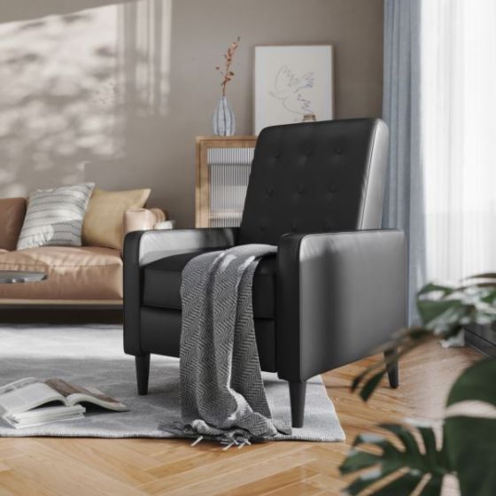 Pushback Recliner with Button Tufted Back in Black LeatherSoft Upholstery