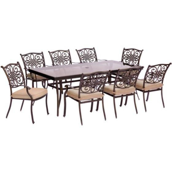 Traditions 9-Piece Dining Set in Tan with Extra-Long Glass-Top Dining Table