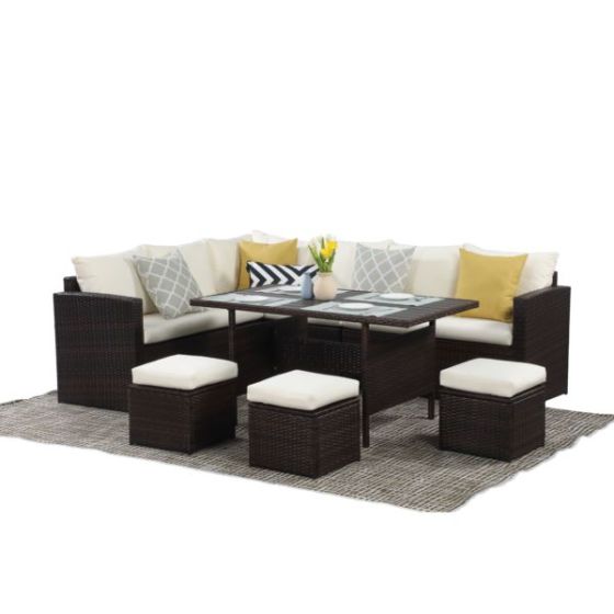 IF Collection - 7-Piece Wicker Patio Dining Sectional Sofa Set - Brown
