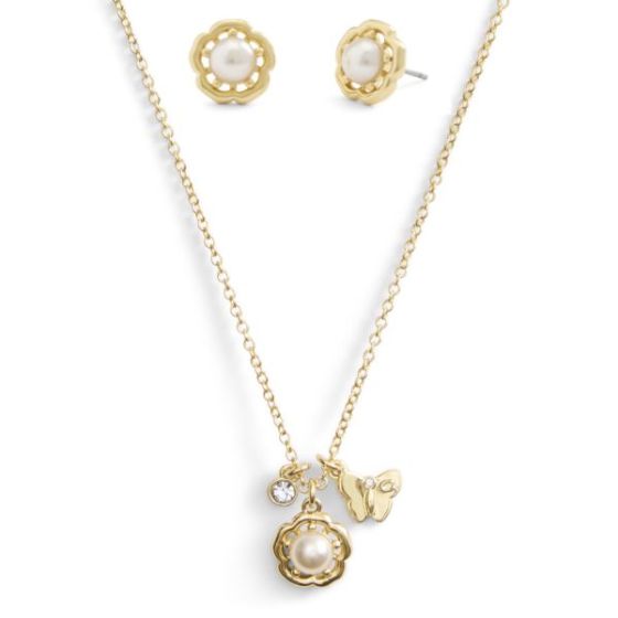 Tea Rose Necklace & Studs Gift Boxed Set - Pearl/Gold