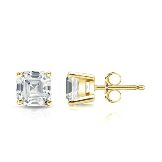 Bright White Pristine Asscher Lab Grown Diamond Stud in 14K Yellow Gold 1.20ct, Color-GH,Clarity-VS