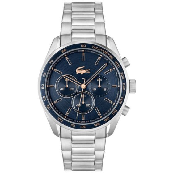 Men's Boston Chronograph Silver-Tone Stainless Steel Watch Navy Dial