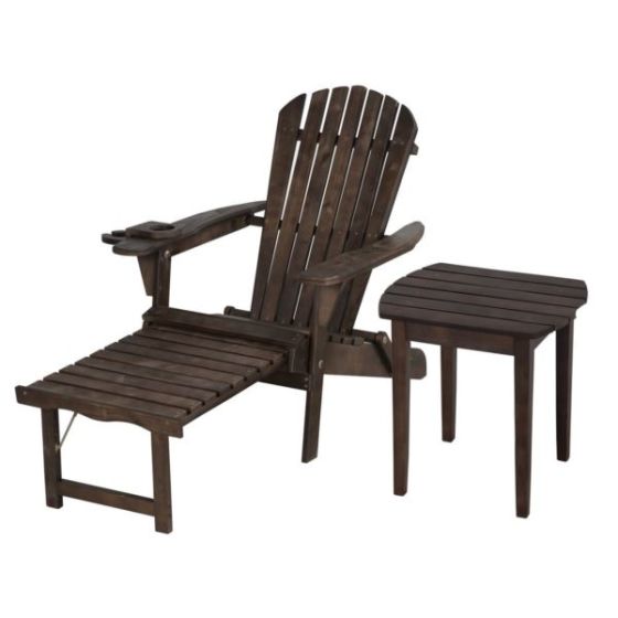 Oceanic Adirondack Chaise Lounge w/Ottoman & Beverage Holder & End Table - Dark Brown