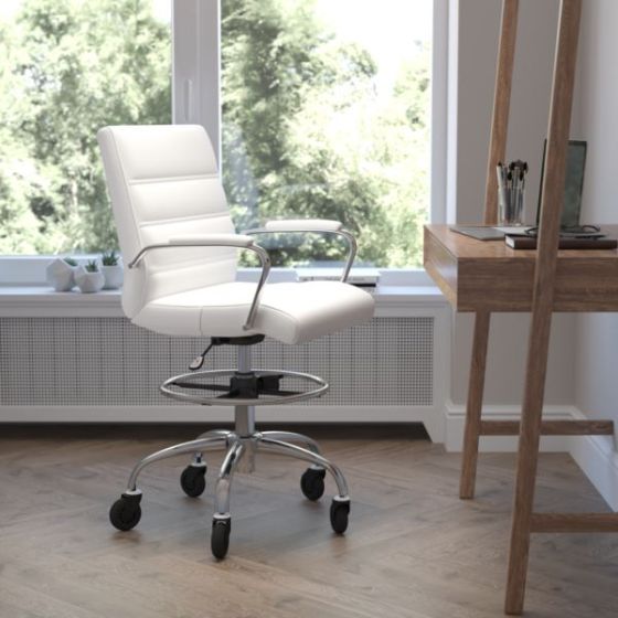 Drafting Chair with Roller Wheels, Adjustable Foot Ring - White LeatherSoft