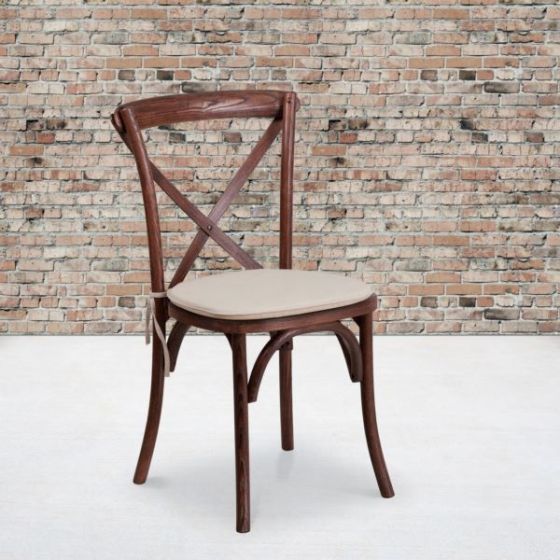 Stackable Mahogany Wood Cross Back Chair with Cushion - Dining Room Seating