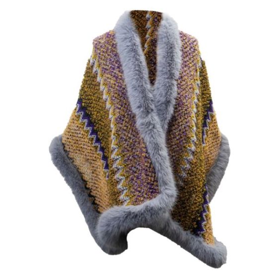 Aztec Zig Zag Knit Ruana, Faux Mink Trim