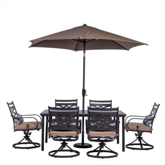 Montclair 7-Piece Dining Set in Tan with 6 Swivel Rockers, 40-In. x 66-In. Dining Table and 9-Ft. Um