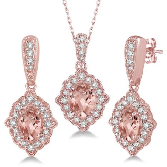 Diamond and Morganite Earring and Necklace Set