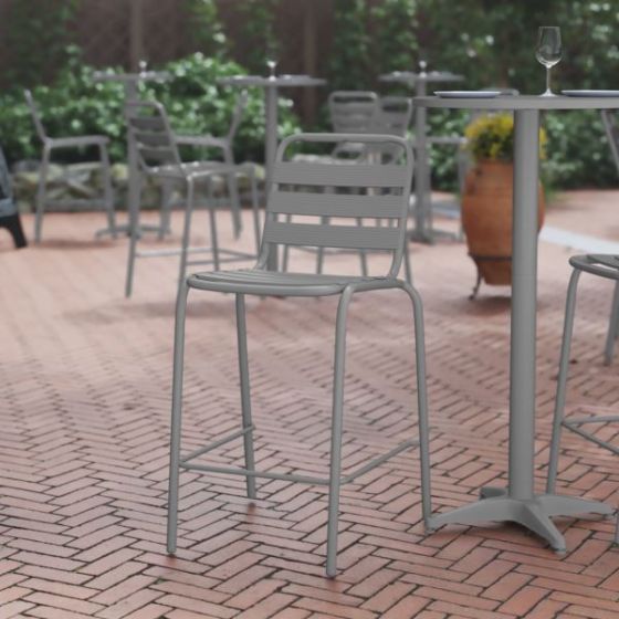 Commercial Silver Indoor-Outdoor Restaurant Stacking Stool with Triple Slat Back